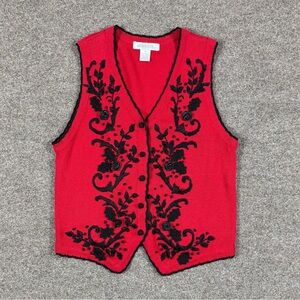 VTG Red V-Neck Sweater Vest Women M Embroidered Floral Roses Grunge Cottage-Core